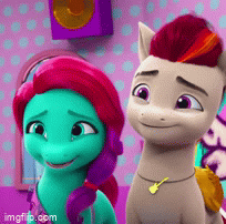 Size: 204x202 | Tagged: safe, imported from derpibooru, screencap, earth pony, pegasus, pony, spoiler:g5, spoiler:my little pony: make your mark, spoiler:my little pony: make your mark chapter 4, spoiler:mymc04e01, animated, bridlewoodstock, bridlewoodstock (make your mark), duo, duo male and female, female, g5, gif, grin, head shake, i watch it for the ears, jazz has no ears, jazz hooves, jewelry, male, mane melody (location), my little pony: make your mark, my little pony: make your mark chapter 4, necklace, nervous, nervous grin, no ears, rocky riff, sad, smiling, stallion, talking