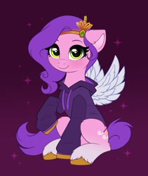 Size: 1742x2063 | Tagged: safe, artist:confetticakez, imported from derpibooru, pipp petals, pegasus, pony, adorapipp, clothes, colored wings, cute, diadem, eyebrows, female, g5, hoodie, jewelry, looking at you, mare, raised hoof, regalia, simple background, sitting, smiling, smiling at you, solo, sparkles, spread wings, unshorn fetlocks, wings