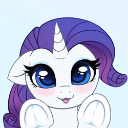 Size: 3000x3000 | Tagged: safe, artist:confetticakez, imported from derpibooru, rarity, pony, unicorn, :3, blue background, blushing, cute, female, floppy ears, frog (hoof), high res, horn, looking at you, mare, open mouth, open smile, raribetes, simple background, smiling, smiling at you, solo, underhoof