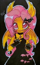 Size: 1515x2436 | Tagged: dead source, safe, artist:hiuve, imported from derpibooru, fluttershy, anthro, bat pony, bat ponified, choker, clothes, colored pupils, dress, fangs, female, fingerless gloves, flutterbat, gloves, hair accessory, race swap, solo, traditional art