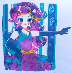 Size: 1345x1369 | Tagged: dead source, safe, artist:hiuve, imported from derpibooru, rarity, human, equestria girls, clothes, dress, evening gloves, female, gloves, long gloves, solo, traditional art