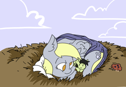 Size: 3508x2427 | Tagged: safe, artist:ponny, imported from derpibooru, derpy hooves, oc, oc:filly anon, earth pony, pegasus, behaving like a bird, blanket, colored, female, filly, foal, nest, nesting instinct, pillow, smiling