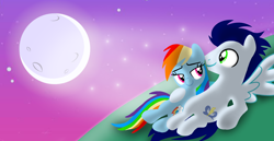 Size: 1980x1020 | Tagged: safe, artist:mlplary6, imported from derpibooru, rainbow dash, soarin', pegasus, pony, female, looking at someone, lying down, male, mare, moon, moonlight, romantic, shipping, smiling, smiling at someone, soarindash, stallion, straight