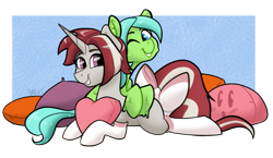 Size: 1173x681 | Tagged: safe, artist:cadetredshirt, imported from derpibooru, oc, goo, goo pony, original species, pony, unicorn, black outlines, blushing, bow, cel shading, clothes, commission, couple, digital art, ear fluff, female, heart, heart pillow, looking at you, lying down, mare, one eye closed, pillow, shading, short hair, simple background, smiling, smiling at you, socks, tail, tail bow, two toned mane, two toned tail, wink, ych result