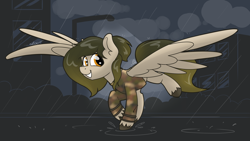 Size: 3840x2160 | Tagged: safe, artist:cadetredshirt, imported from derpibooru, oc, pegasus, pony, clothes, commission, dancing, digital art, hair bun, looking at you, rain, simple background, smiling, solo, spread wings, sweater, tail, two toned mane, two toned tail, unshorn fetlocks, wings