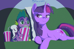 Size: 3250x2150 | Tagged: safe, artist:fly over, imported from derpibooru, spike, twilight sparkle, dragon, pony, unicorn, drink, female, food, frightened, male, mare, night, pillow, popcorn, scared, smiling, unicorn twilight, wholesome