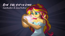 Size: 1192x670 | Tagged: safe, artist:cadetredshirt, imported from derpibooru, sunset shimmer, human, equestria girls, clothes, digital art, dress, glowing, shading, simple background, smiling, solo, thumbnail, two toned hair