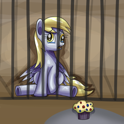 Size: 1920x1920 | Tagged: safe, artist:platinumdrop, imported from derpibooru, derpy hooves, pegasus, pony, abuse, alone, commission, cruel and unusual punishment, crying, cute, derpybuse, female, food, imprisoned, jail cell, mare, muffin, open mouth, prisoner, raised hoof, sad, sadorable, sitting, solo, table, tears of sadness, teary eyes, wings, wings down