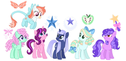 Size: 1280x617 | Tagged: safe, artist:s0ftserve, imported from twibooru, oc, oc:dragonfly song, oc:evening star, oc:magic wand, oc:moonstone luster, oc:orchard ballad, oc:sky streak, alicorn, earth pony, hippogriff, hybrid, pegasus, pony, unicorn, adoptable, base used, cutie mark, female, image, interspecies offspring, magical lesbian spawn, mare, next generation, offspring, parent:applejack, parent:fluttershy, parent:gilda, parent:pinkie pie, parent:princess luna, parent:rainbow dash, parent:rarity, parent:sci-twi, parent:sunset shimmer, parent:tree hugger, parent:twilight sparkle, parents:flutterhugger, parents:gildash, parents:rarijack, parents:rariluna, parents:scitwishimmer, parents:twinkie, png, simple background, transparent background