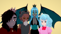 Size: 320x180 | Tagged: safe, imported from derpibooru, cozy glow, king sombra, lord tirek, queen chrysalis, 3d, koikatsu, me and the boys, meme, simple background