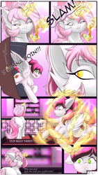 Size: 4320x7680 | Tagged: safe, artist:maximus, imported from derpibooru, oc, oc:siren, oc:solaria, oc:sunlight stellaris, pegasus, pony, unicorn, comic, horn, magic, pegasus oc, unicorn oc, wings