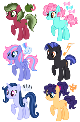 Size: 828x1273 | Tagged: safe, artist:s0ftserve, imported from twibooru, oc, oc:calliope, oc:misty prism, oc:shockwave, oc:sour apple, oc:swiss shield, oc:taffy sweet, earth pony, pegasus, pony, unicorn, adoptable, cutie mark, image, magical gay spawn, magical lesbian spawn, next generation, offspring, parent:big macintosh, parent:cheese sandwich, parent:clear sky, parent:flash sentry, parent:lyra heartstrings, parent:octavia melody, parent:pinkie pie, parent:quibble pants, parent:rainbow dash, parent:thunderlane, parent:trixie, parent:vinyl scratch, parents:cheeseflash, parents:cleardash, parents:lyrapie, parents:quibblemac, parents:trixtavia, png