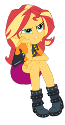 Size: 1900x3633 | Tagged: safe, artist:gmaplay, imported from derpibooru, sunset shimmer, equestria girls, equestria girls series, forgotten friendship, boots, clothes, shoes, simple background, sitting, solo, sunset shimmer is not amused, transparent background, unamused