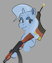 Size: 1449x1736 | Tagged: safe, artist:eugenekotss, trixie, pony, unicorn, ak-47, aside glance, assault rifle, female, german flag, gray background, gun, looking at you, rifle, sideways glance, simple background, solo, weapon