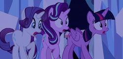 Size: 1333x643 | Tagged: safe, edit, edited screencap, editor:incredibubbleirishguy, imported from derpibooru, screencap, rarity, starlight glimmer, twilight sparkle, alicorn, pony, unicorn, the times they are a changeling, alternate scenario, crystal empire, female, g4, night, shocked, shocked expression, shocked eyes, speechless, surprised, surprised face, trio, trio female, twilight sparkle (alicorn)