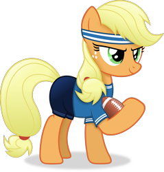 Size: 3858x4030 | Tagged: safe, artist:anime-equestria, imported from derpibooru, applejack, earth pony, american football, clothes, female, football, headband, holding, mare, ponytail, shorts, simple background, smiling, solo, sports, transparent background, vector