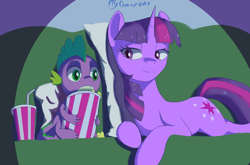 Size: 3250x2150 | Tagged: safe, artist:fly over, imported from derpibooru, spike, twilight sparkle, dragon, pony, unicorn, cute, drink, female, food, frightened, male, mare, night, pillow, popcorn, scared, smiling, unicorn twilight, wholesome