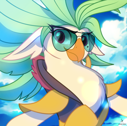 Size: 2264x2244 | Tagged: safe, artist:zidanemina, edit, imported from derpibooru, captain celaeno, anthro, avian, my little pony: the movie, armor, blue sky, bust, cloud, ear piercing, earring, jewelry, piercing, pirate, portrait, smiling, solo, sunglasses