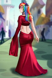 Size: 1384x2048 | Tagged: safe, artist:thebrokencog, imported from derpibooru, rainbow dash, human, backless, beautiful, clothes, cog's glamour girls, commission, dress, elegant, female, gown, humanized, long sleeves, looking at you, looking back, looking back at you, looking over shoulder, midriff, red dress, smiling, smiling at you, solo, solo female, walking