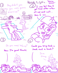 Size: 4779x6013 | Tagged: safe, artist:adorkabletwilightandfriends, imported from derpibooru, dumbbell, spike, twilight sparkle, alicorn, comic:adorkable twilight and friends, adorkable, adorkable twilight, comic, cute, dork, exercise, exercise ball, exercise mat, happy, high angle, humor, lamp, looking at each other, looking at someone, lying down, mat, on back, perspective, poster, relaxing, resting, slice of life, smiling, smiling at each other, twilight sparkle (alicorn), weights