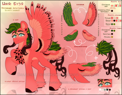 Size: 4500x3500 | Tagged: safe, artist:medkit, imported from derpibooru, oc, oc only, oc:buzya, pegasus, pony, 2022, chest fluff, colored ears, colored eyebrows, colored eyelashes, colored hooves, colored lineart, colored pupils, colored wings, cyrillic, ear fluff, ears up, feathered wings, folded wing, food, four wings, gradient background, gradient hooves, gradient wings, multicolored coat, multicolored mane, multicolored wings, multiple wings, palette, ponytail, raised hoof, reference sheet, russian, scrunchie, short mane, short tail, smiling, solo, spread wings, standing, striped feathers, striped mane, striped wings, tail, text, watermelon, wings