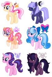 Size: 828x1222 | Tagged: safe, artist:s0ftserve, imported from twibooru, oc, oc:banana split, oc:blue ribbon, oc:crypt shade, oc:first blush, oc:hibiscus glitter, oc:starspell, alicorn, earth pony, pegasus, pony, unicorn, adoptable, base used, bow, coat markings, cutie mark, female, glasses, hairband, image, magical lesbian spawn, mare, next generation, offspring, parent:bon bon, parent:daring do, parent:fleur-de-lis, parent:pinkie pie, parent:princess cadance, parent:princess luna, parent:rainbow dash, parent:saffron masala, parent:starlight glimmer, parent:sunburst, parent:trixie, parents:cadancepie, parents:daringluna, parents:fleurburst, parents:luxie, parents:rainbon, parents:saffronglimmer, png