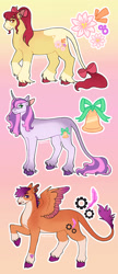 Size: 778x1799 | Tagged: safe, artist:s0ftserve, imported from twibooru, apple bloom, scootaloo, sweetie belle, earth pony, pegasus, pony, unicorn, alternate cutie mark, bow, coat markings, colored hooves, colored wings, cutie mark crusaders, female, gradient background, hair bow, headcanon in the description, image, leonine tail, mare, needs more jpeg, older, older apple bloom, older scootaloo, older sweetie belle, ponytail, redesign, torn ear, trio, trio female, unshorn fetlocks, wings