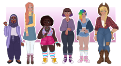 Size: 1210x660 | Tagged: safe, artist:s0ftserve, imported from twibooru, applejack, fluttershy, pinkie pie, rainbow dash, rarity, twilight sparkle, human, blackwashing, clothes, dark skin, dyed hair, fat, female, height difference, hijab, humanized, image, line-up, mane six, multicolored hair, nail polish, png, rainbow hair