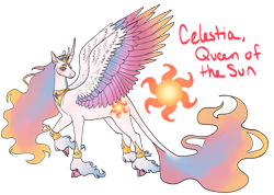 Size: 1058x755 | Tagged: safe, artist:s0ftserve, imported from twibooru, princess celestia, alicorn, pony, cloven hooves, colored hooves, colored wings, curved horn, ethereal mane, female, horn, image, jewelry, leonine tail, mare, png, redesign, regalia, simple background, solo, transparent background, unshorn fetlocks, wings