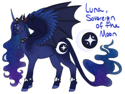 Size: 1032x774 | Tagged: safe, artist:s0ftserve, imported from twibooru, princess luna, alicorn, pony, alternate cutie mark, cloven hooves, ethereal mane, female, hybrid wings, image, jewelry, leonine tail, mare, png, redesign, regalia, simple background, solo, transparent background, wings