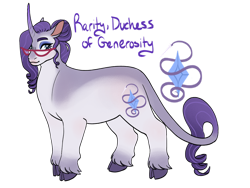 Size: 1032x774 | Tagged: safe, artist:s0ftserve, imported from twibooru, rarity, pony, unicorn, alternate cutie mark, cloven hooves, coat markings, colored hooves, curved horn, fat, female, glasses, hair bun, horn, image, leonine tail, mare, png, redesign, simple background, solo, transparent background