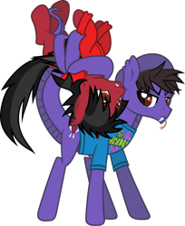 Size: 1822x2235 | Tagged: safe, artist:lightningbolt, derpibooru exclusive, imported from derpibooru, bat pony, original species, pony, snake, snake pony, .svg available, angry, annoyed, clothes, cobra starship, duo, duo male, ear fluff, emo, fall out boy, fangs, folded wings, forked tongue, frown, gabe saporta, hair over one eye, holding, hood, hoodie, long sleeves, looking at each other, looking at someone, male, messy mane, messy tail, pete wentz, ponified, prehensile tail, scales, shirt, show accurate, simple background, slit pupils, snake tail, stallion, standing, svg, t-shirt, tail, transparent background, upside down, vector, wings