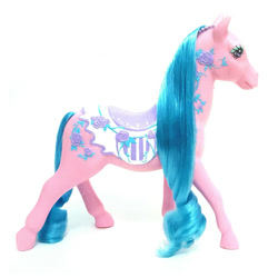 Size: 1000x1000 | Tagged: safe, imported from derpibooru, earth pony, adorafair, blue mane, curly mane, cute, dream beauties, eyeshadow, female, flower, g1, long mane, makeup, mare, mayfair, photo, rose, saddle, solo, tack, toy