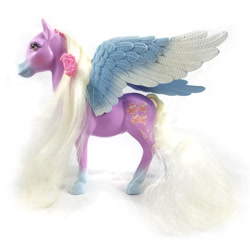 Size: 1173x1173 | Tagged: safe, imported from derpibooru, pegasus, colored wings, dream beauties, flower, flower in hair, g1, gradient legs, gradient wings, long mane, photo, skyflyer, solo, spread wings, toy, white mane, wings