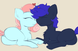 Size: 1024x677 | Tagged: safe, artist:marsminer, imported from derpibooru, oc, oc:dogepony, earth pony, pony, unicorn, blank flank, blue hair, blue mane, blue tail, boop, butt, cute, dark blue coat, dark blue fur, dock, duo, earth pony oc, eyes closed, female, floating heart, heart, horn, light blue coat, light blue fur, lying down, male, mare, nose wrinkle, noseboop, nuzzling, oc name needed, oc x oc, on side, pink hair, pink mane, pink tail, plot, pony oc, shipping, simple background, smiling, stallion, straight, tail, tan background, two toned hair, two toned mane, two toned tail, unicorn oc