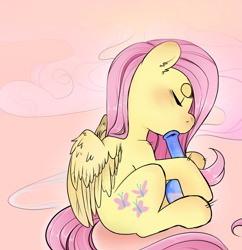 Size: 2500x2580 | Tagged: safe, artist:kocobunnyy, imported from derpibooru, fluttershy, pegasus, pony, bong, drug use, drugs, eyes closed, female, flutterhigh, g4, high, mare, sitting, solo, stoned, tail, wings