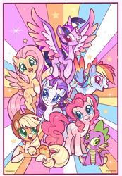 Size: 2184x3150 | Tagged: safe, artist:wanderingpegasus, imported from derpibooru, applejack, fluttershy, pinkie pie, rainbow dash, rarity, spike, twilight sparkle, alicorn, dragon, earth pony, pegasus, pony, unicorn, mane six, twilight sparkle (alicorn)