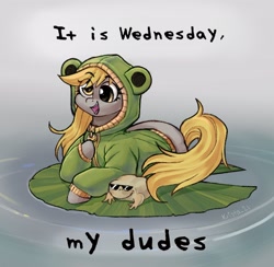 Size: 2300x2241 | Tagged: safe, artist:krista-21, imported from derpibooru, derpy hooves, frog, pegasus, pony, animal costume, clothes, costume, eye clipping through hair, eyebrows, eyebrows visible through hair, female, frog costume, high res, it is wednesday my dudes, lilypad, lying down, mare, open mouth, open smile, prone, signature, smiling, solo, text, water