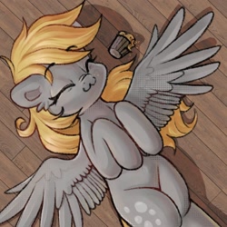 Size: 1200x1200 | Tagged: safe, artist:krista-21, imported from derpibooru, derpy hooves, pegasus, pony, :3, cute, derpabetes, eyebrows, eyebrows visible through hair, eyes closed, female, lying down, mare, on back, sleeping, smiling, solo, spread wings, wings