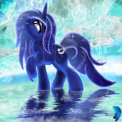 Size: 2000x2000 | Tagged: safe, artist:phoenixpaintfg, imported from derpibooru, princess luna, alicorn, pony, open mouth, open smile, rain, smiling, solo, sparkles, water, wet, wet mane