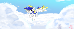 Size: 5000x2000 | Tagged: safe, artist:jubyskylines, imported from derpibooru, oc, oc only, oc:juby skylines, pegasus, pony, cloud, flying, sky, solo