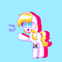 Size: 2048x2048 | Tagged: safe, imported from ponybooru, oc, oc:aryanne, pony, aria property cinematic universe, armband, blank flank, blonde, blonde mane, blonde tail, blue eyes, caption, cute, female, filly, foal, nazi, nazi armband, no cutie marks because im lazy, open mouth, pride, pride flag, raised hoof, raised leg, sieg heil, swastika, text