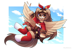 Size: 5141x3539 | Tagged: safe, artist:madelinne, imported from derpibooru, pegasus, amber (genshin impact), bow, clothes, cloud, fanart, genshin impact, glasses, happy, long hair, looking at you, outfit, sky, socks, solo