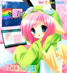 Size: 873x955 | Tagged: safe, artist:bonnybel_, imported from derpibooru, fluttershy, anthro, human, anime style, antonymph, clothes, computer, eared humanization, fluttgirshy, gir, hoodie, humanized, invader zim, laptop computer, looking at you, looking back, looking back at you, nyan cat, open mouth, open smile, smiling, solo, spread wings, winged humanization, wings