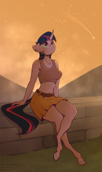 Size: 2350x3934 | Tagged: safe, artist:yarugreat, imported from derpibooru, twilight sparkle, anthro, unguligrade anthro, unicorn, belt, blushing, clothes, shirt, shooting star, sitting, solo, stone wall, sunset