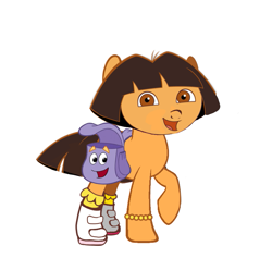 Size: 739x700 | Tagged: safe, artist:samueldavillo, imported from derpibooru, earth pony, pony, abomination, backpack, bracelet, clothes, cursed image, dora the explorer, jewelry, looking at you, open mouth, open smile, ponified, raised hoof, shoes, simple background, smiling, smiling at you, socks, solo, wat, white background, why, wtf