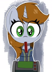 Size: 1528x2105 | Tagged: safe, artist:pizzahutjapan, imported from derpibooru, oc, oc:littlepip, pony, unicorn, fallout equestria, female, mare, mouth hold, pipbuck, screwdriver, solo