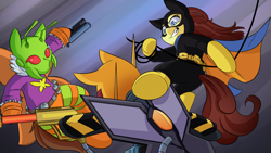 Size: 1920x1080 | Tagged: safe, artist:mustachedbain, imported from derpibooru, firefly, pony, batgirl, cable, dc comics, flamethrower, flying kick, g1, gun, jetpack, kick, killer moth, mask, ponified, weapon