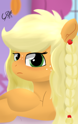 Size: 1200x1900 | Tagged: safe, artist:cobaltskies002, imported from derpibooru, applejack, earth pony, pony, alternate hairstyle, braid, female, implied lesbian, implied rarijack, implied rarity, implied shipping