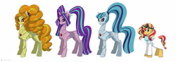 Size: 2264x800 | Tagged: safe, artist:carnifex, imported from derpibooru, adagio dazzle, aria blaze, sonata dusk, sunset shimmer, pony, robot, robot pony, unicorn, alternate universe, clothes, fanfic art, goggles, goggles on head, line-up, roboticization, simple background, smiling, sweater, the dazzlings, turtleneck, white background